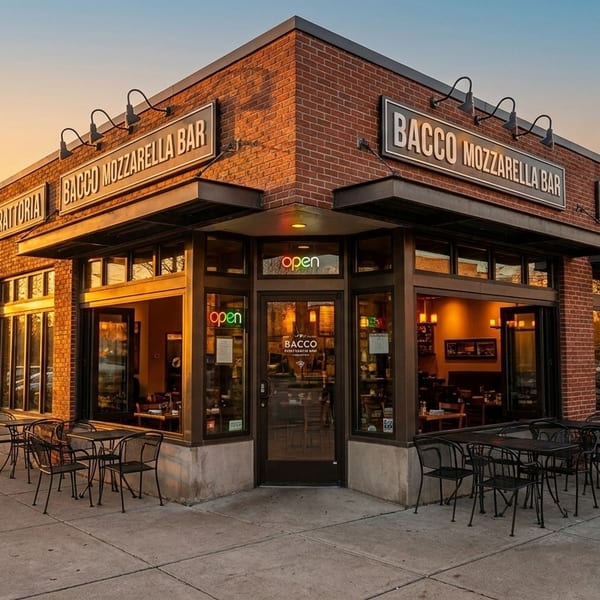 Bacco Mozzarella Bar, a brick trattoria with outdoor seating, at sunset.