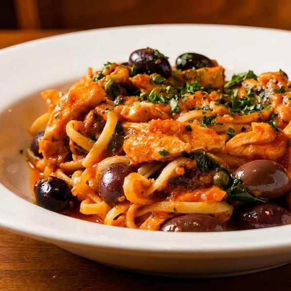 Linguine pasta with chicken, olives, and tomato sauce, garnished with parsley in a white bowl.