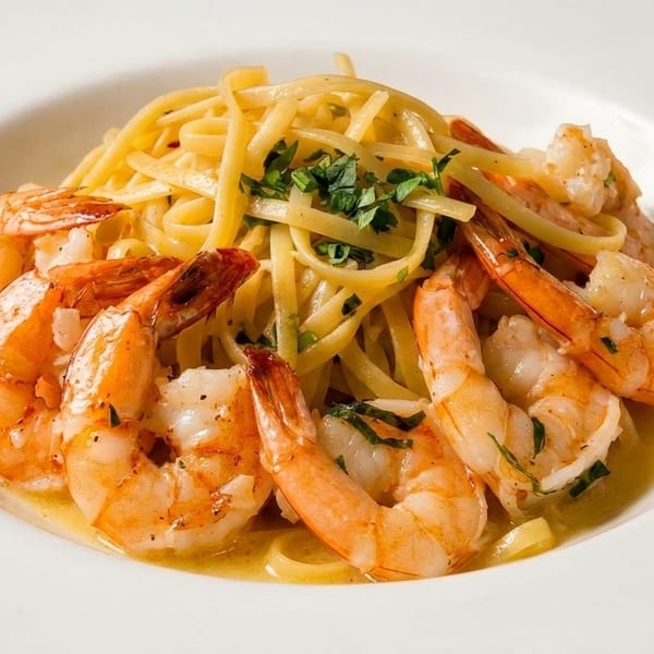 Linguine pasta with shrimp scampi, garlic, and parsley in a white bowl.